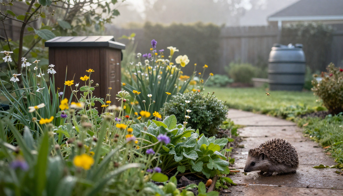Jardin écologique avec abeilles et hérisson