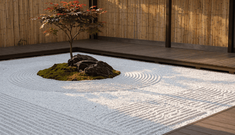 Calme jardin zen avec rum 일본료 바위, sable blanc ratissé, et petit arbre décoratif, ambiance relaxante propose relaxation et méditation.