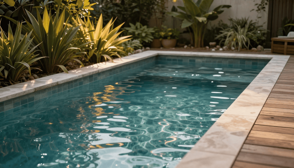 1. Piscine extérieure élégante avec margelle en pierre, entourée de végétation luxuriante et d’un bois de terrasse, idéale pour détente et loisirs en plein air.