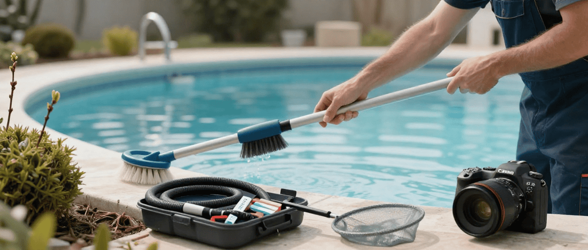 Clavier d'entretien de piscine avec accessoires de nettoyage, filtre à épuisette, gants, et appareil photo professionnel sur le bord de la piscine, prêt pour un nettoyage en extérieur.