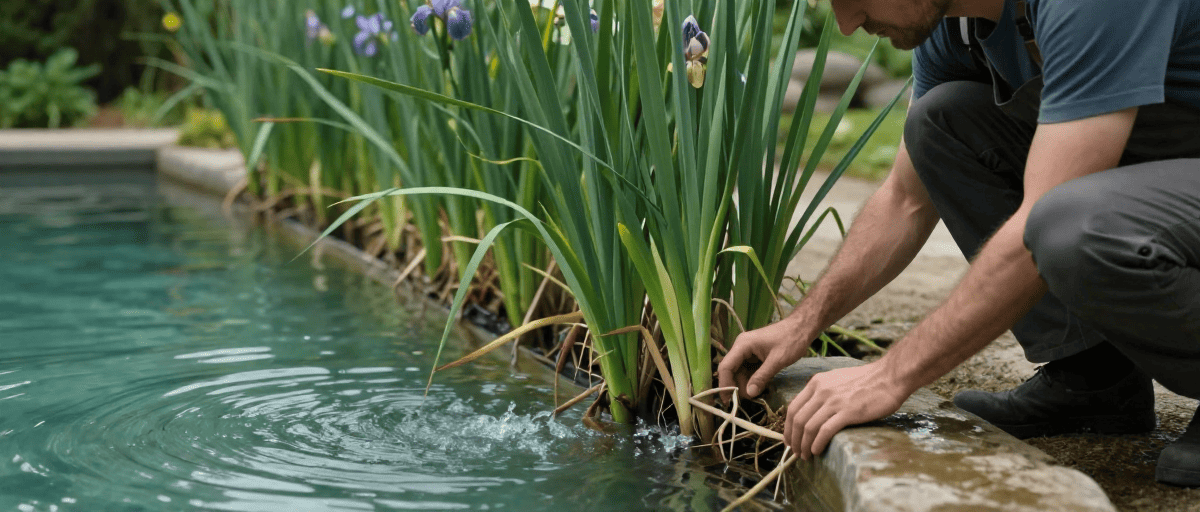 Écumeur d'étang de jardin avec des plantes aquatiques pour sécurité et sécurité, face à un filtre de traitement de l'eau, ambiance de jardin naturel et écologique.