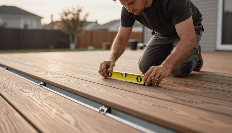 Benne à niveau horizontale, installation de terrasse en bois, outils de bricolage pour aménagement extérieur, construction de terrasse en bois.