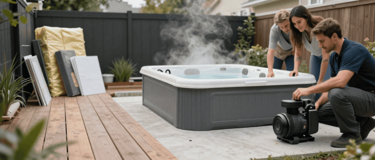 Baignoire spa extérieure avec jacuzzi en bois naturel, proche d'un jardin privé, détente et bien-être, parfait pour la relaxation à la maison, conçu pour un usage extérieur, installation facile, convivialité et confort garantis, produits de qualité pour l'aménagement outdoor.