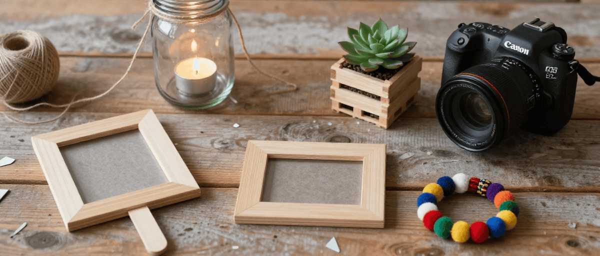 1. Ampoule de bougie dans un bocal en verre avec une plante succulente, caméra reflex Canon, cadre en bois, bracelet en pompons colorés sur une table en bois rustique.