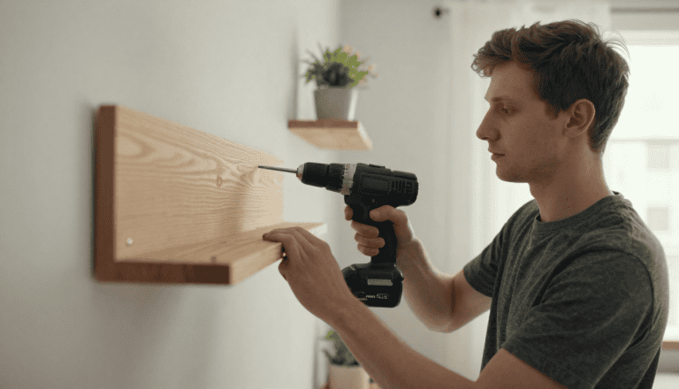 Perçage d'une planche en bois avec une perceuse sans fil pour bricolage d’intérieur.