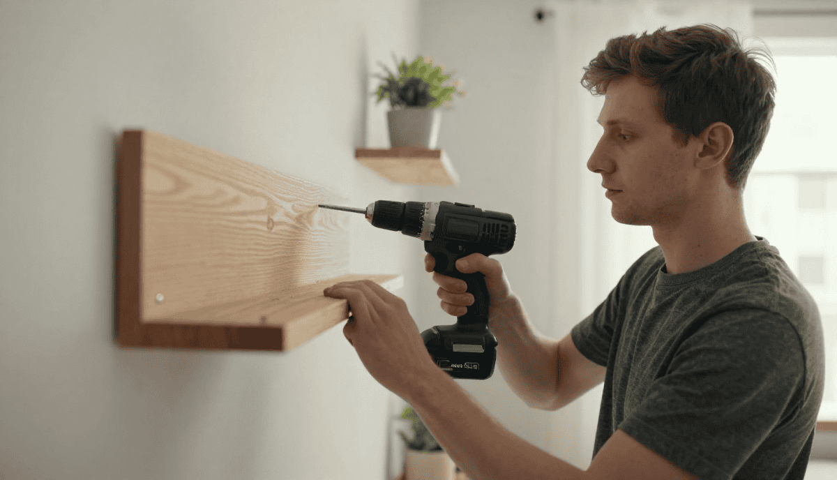 Perçage d'une planche en bois avec une perceuse sans fil pour bricolage d’intérieur.