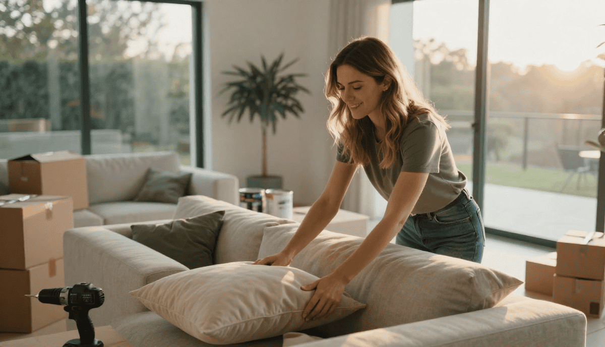 Coussins et matériel d'ameublement pour outdoor, prêt pour l'installation, dans un salon lumineux avec grande baie vitrée.