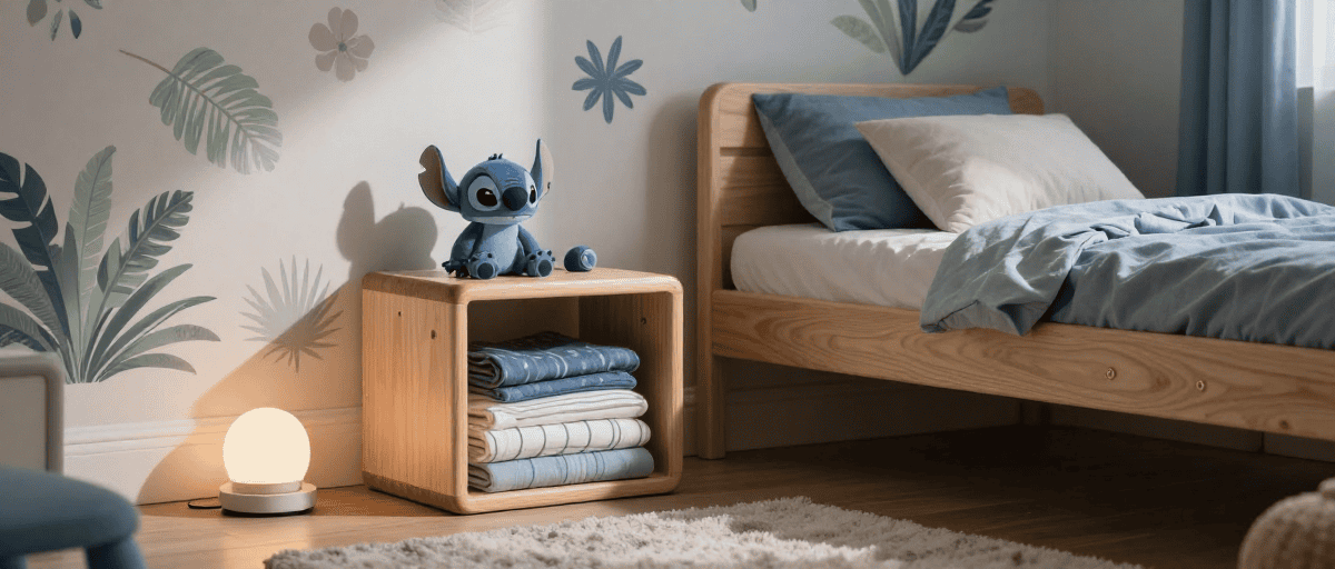1. Lit d'enfant en bois naturel avec linge de lit bleu et déco murale végétale, ambiance cosy et chaleureuse.