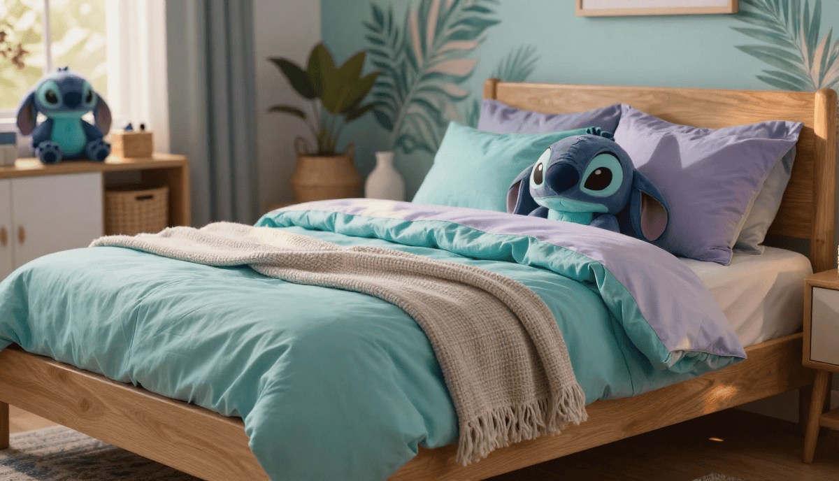 Linge de lit coloré avec peluche de Stitch à la maison, décoration moderne et ambiance cozy.