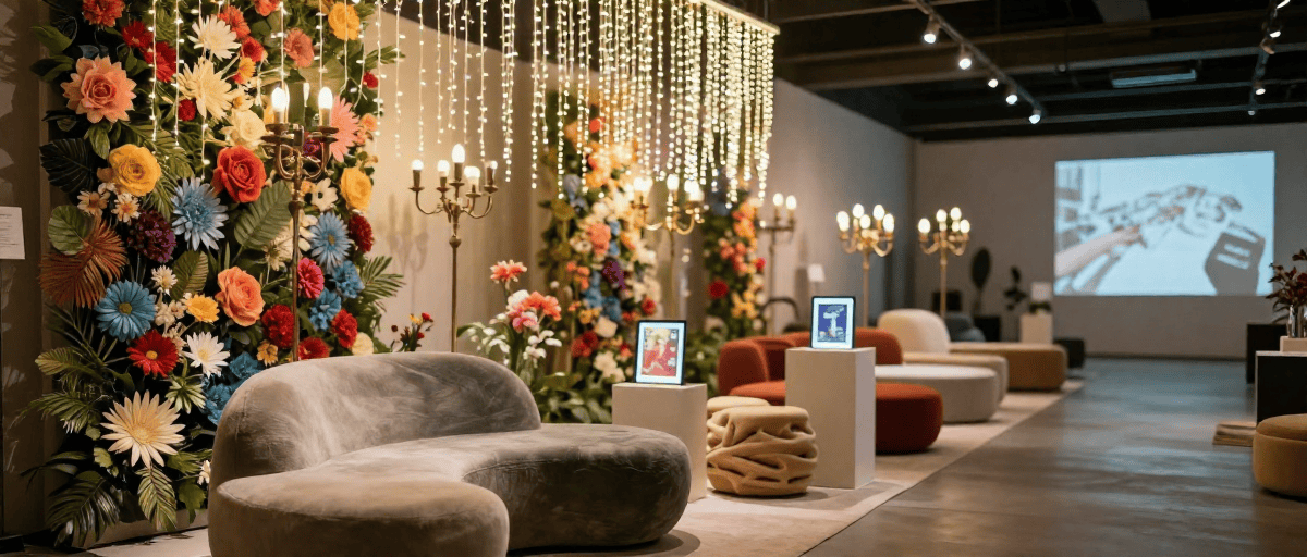 Confortable salon cinéma avec décor floral, éclairage élégants et mobilier moderne pour événements et projections. Aménagement cosy pour expérience immersive.