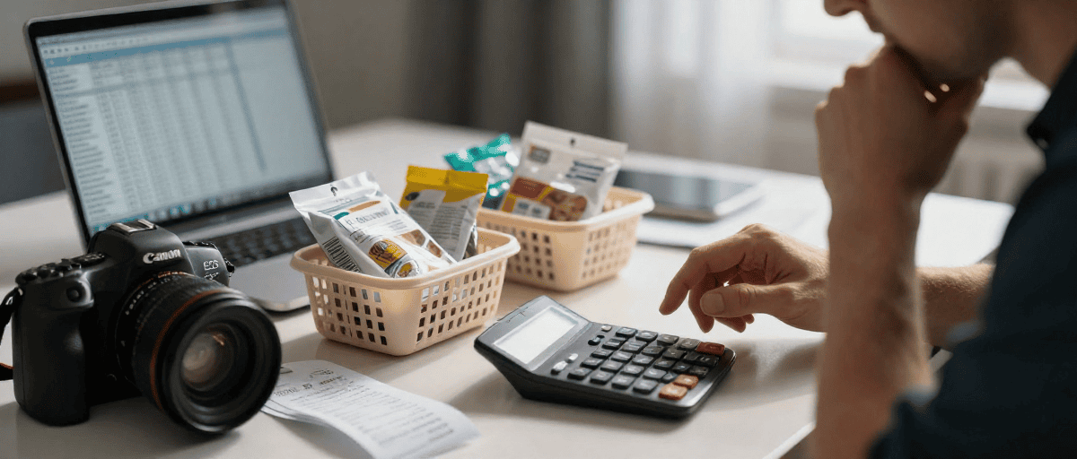 Calculatrice et snacks pour la planification d'activités de plein air, matos de photographie, bureau organisé pour une sortie outdoor ou projet aventure.