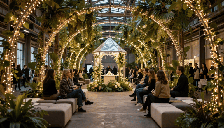 Une cérémonie de mariage élégante dans un cadre végétal lumineux, décoré avec des arches en guirlandes lumineuses et des plantes luxuriantes, pour une célébration inoubliable.
