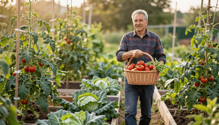 1. Pommes de tomate et légumes frais dans un jardin bio, récolte automnale saine.