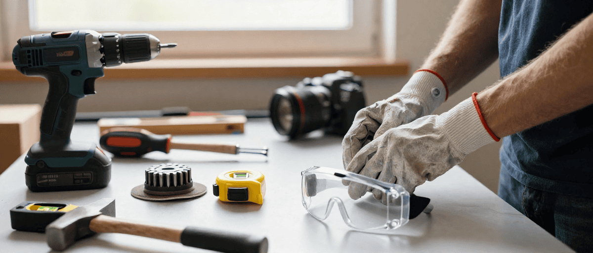 Prêt pour bricolage ou travaux en extérieur avec outillage électrique et sécurité, idéal pour amateurs de camping, randonnée ou activités en nature. Matériel professionnel pour l'aménagement outdoor.
