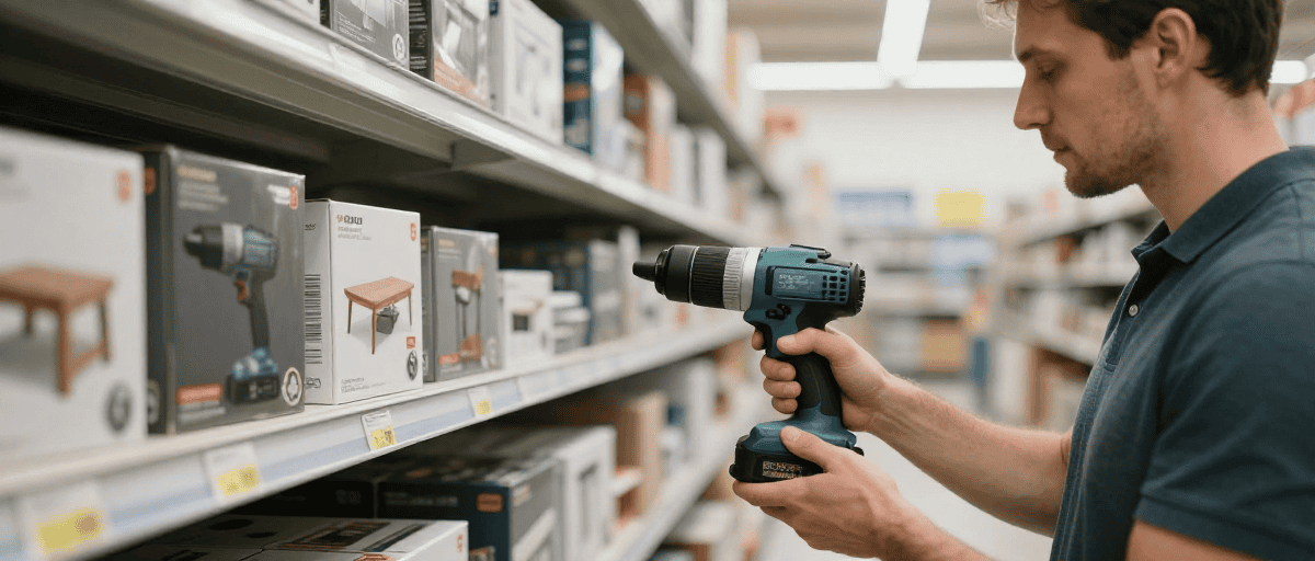 Perceuse sans fil pour bricolage et mobilier, dans un magasin de bricolage, en train de choisir un outil électrique.