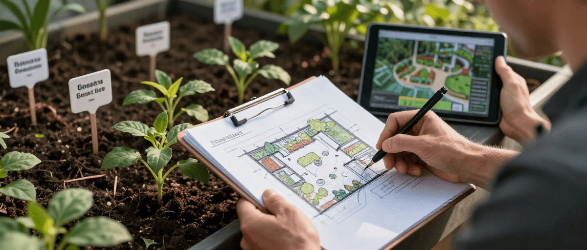 Jardinier dessinant plan jardin