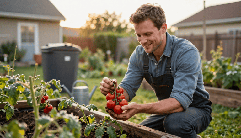 Tomates cerises mûres dans un jardin potager, homme souriant récoltant des légumes bio, activités jardinage pour l'extérieur, passion pour la culture maraîchère, produits agricoles frais.