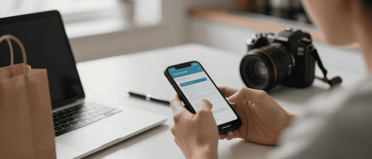 1. Personne utilisant un smartphone avec appareil photo professionnel sur un bureau, achat ou gestion d’équipements outdoor, caméra reflex, appareils photo pour activités outdoor.