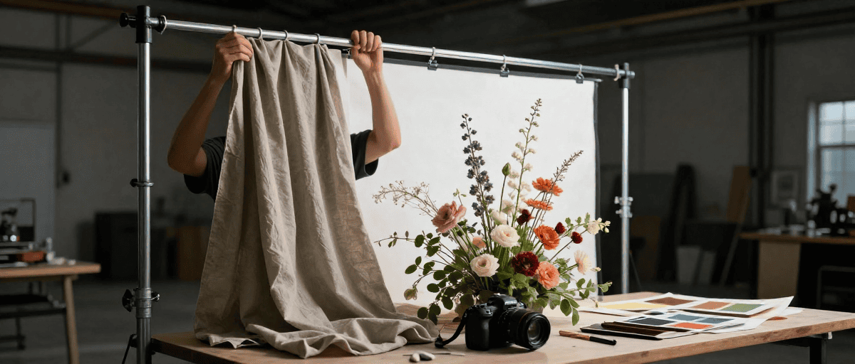 1. Accessoire photo pour studio avec rideau et fleurs pour shooting professionnel en intérieur, parfait pour la photographie de produits ou portrait créatif.