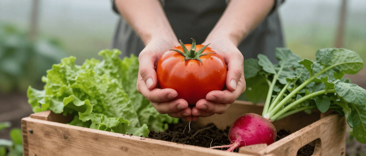 Tomate bio cultivée en pleine terre, symbole de jardinage durable et agriculture saine, avec radis et laitue pour un potager écologique et productif.