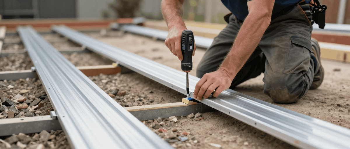 Homme utilisant un tournevis pour fixer des rails métalliques sur une plateforme en bois en plein air.