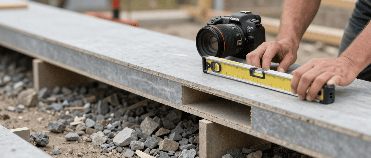 Photographie d'un professionnel mesurant une dalle en béton pour un projet de construction.