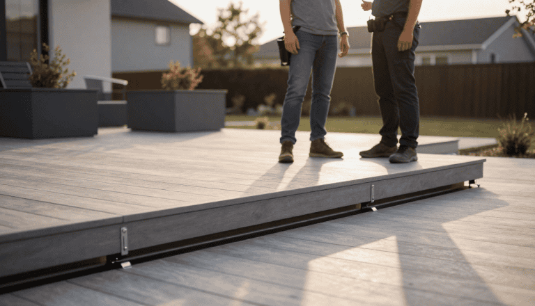 Deux personnes discutant sur une terrasse en bois extérieure, installation de pont en bois pour espace extérieur, aménagement de jardin moderne.