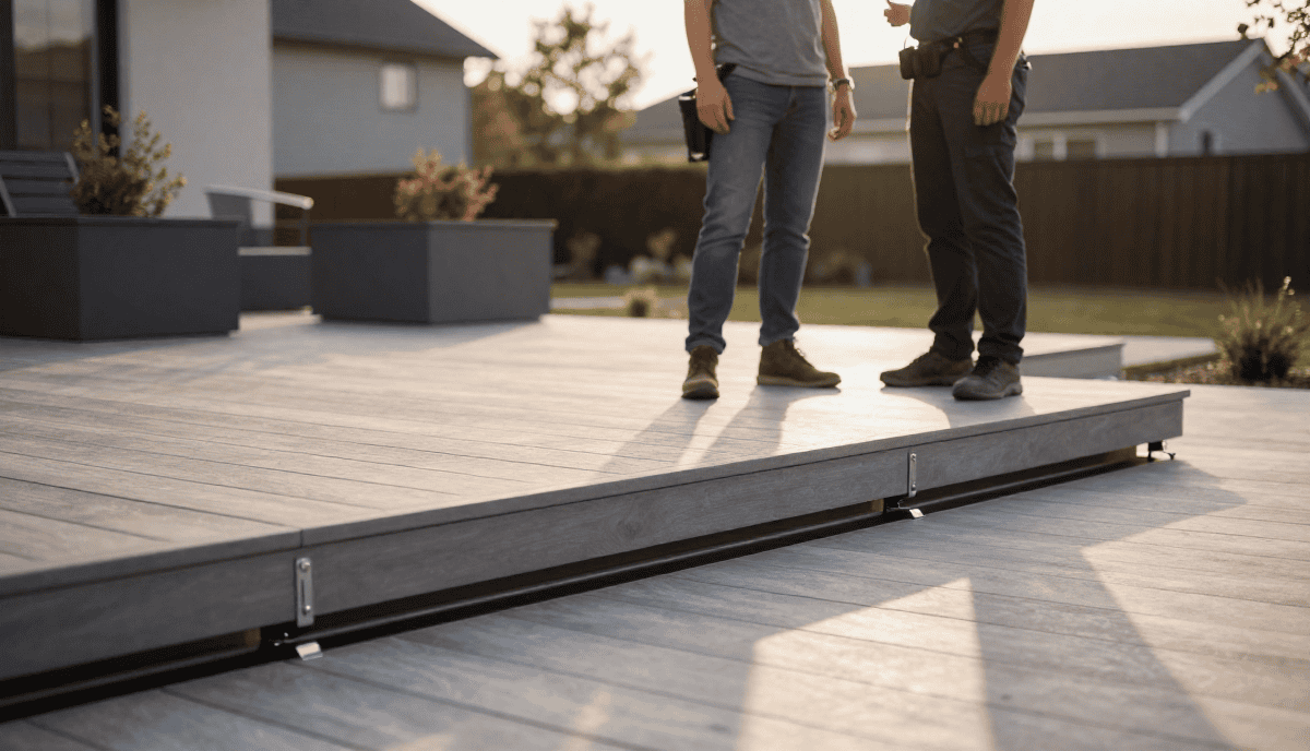 Deux personnes discutant sur une terrasse en bois extérieure, installation de pont en bois pour espace extérieur, aménagement de jardin moderne.