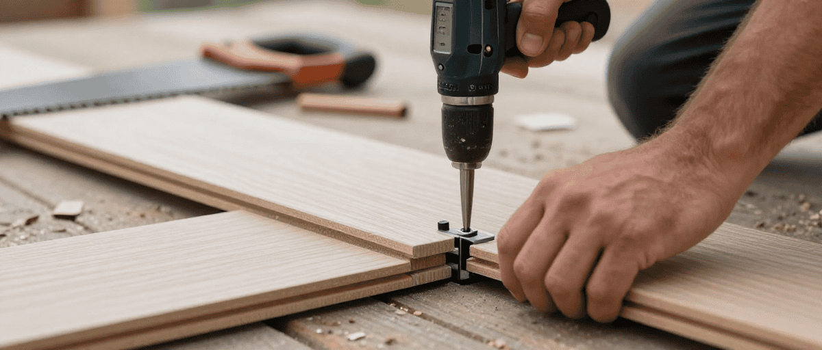 Outils de bricolage pour la construction d'une terrasse en bois, avec un tournevis électrique et des planches en bois.