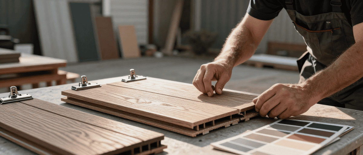 Baladeur de bois pour aménagement extérieur, sélection de matériaux en bois pour terrasses et aménagements extérieurs, avec échantillons de couleurs et textures.