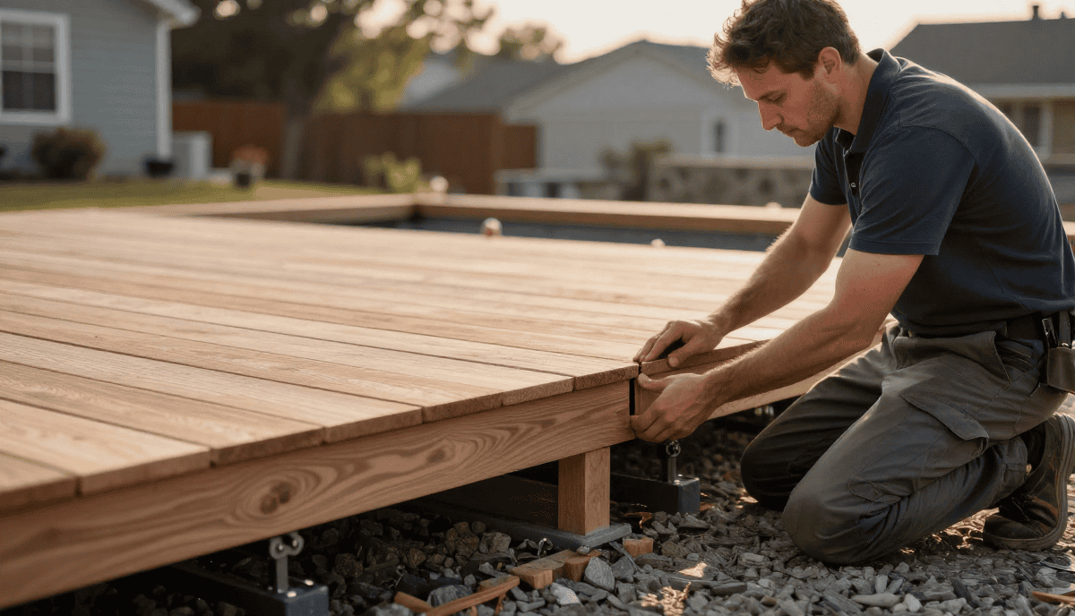 Homme installant une terrasse en bois dans un jardin résidentiel, travail précis sur la pose des planches pour un espace extérieur esthétique et durable.