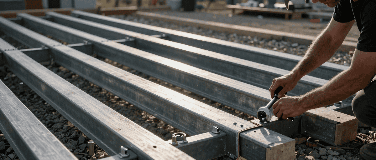 Travail de pose de rails de chemin de fer par un ouvrier sur un chantier ferroviaire.