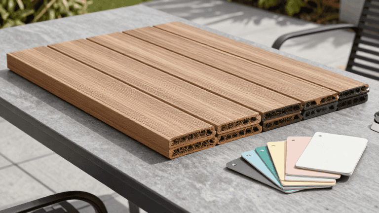 Une table de terrasse en bois composite avec plusieurs échantillons de couleurs pour choisir le revêtement idéal.