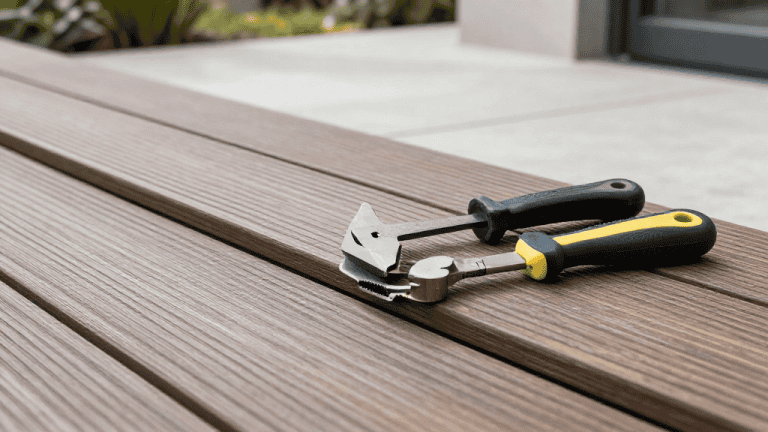 Outils de pose de terrasse en bois avec cutter et tournevis sur plancher en bois.