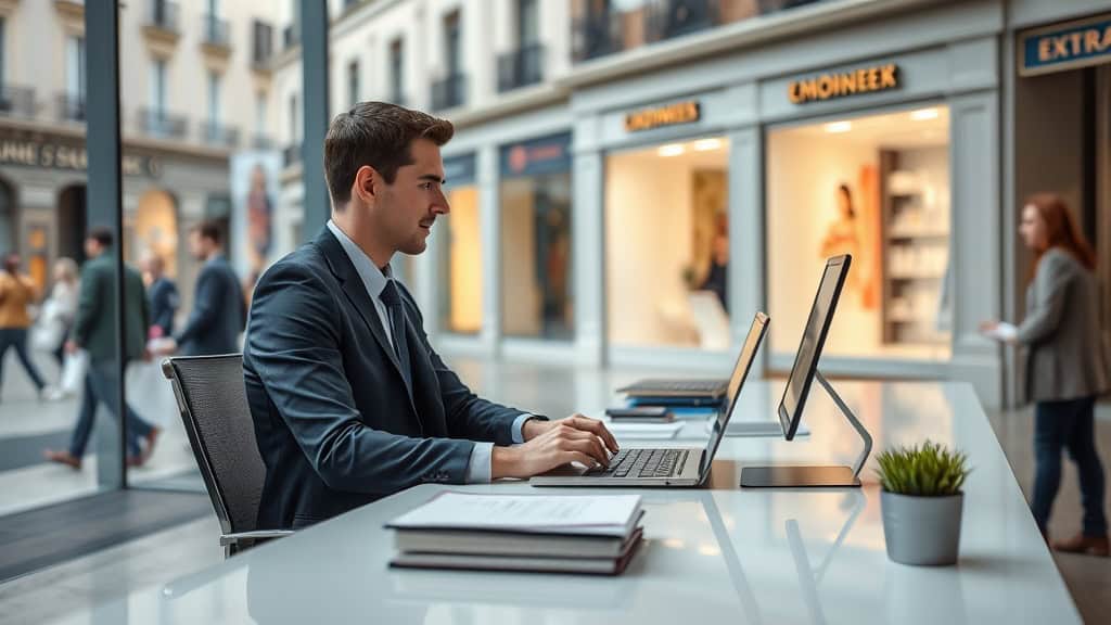 Homme d'affaires travaillant sur un ordinateur portable dans un environnement urbain animé, avec des boutiques et des passants en arrière-plan, illustrant le travail en extérieur et la connectivité.