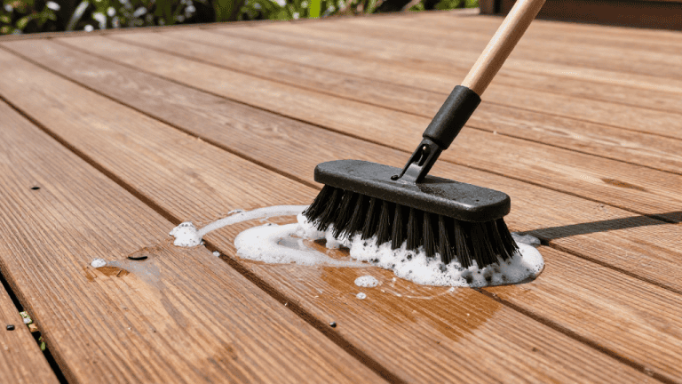 Balai pour nettoyage de terrasse en bois, avec savon et mousse, sur une surface en bois extérieur.