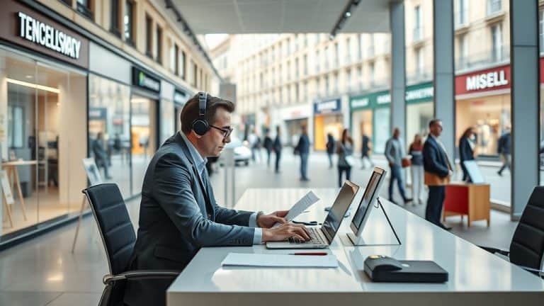 Homme d'affaires utilisant un ordinateur portable dans un espace de coworking à l'aéroport, avec des autres voyageurs en arrière-plan, illustrant la productivité et la mobilité.