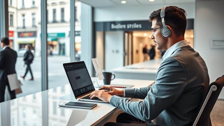 Casque audio pour homme utilisant un ordinateur portable dans un environnement urbain moderne, idéal pour la musique et la communication. Parfait pour les amateurs de technologie et de style.