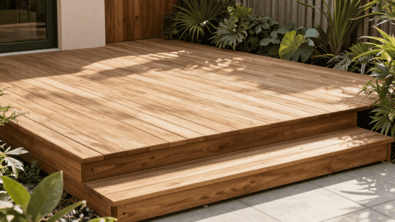 Escalier en bois naturel pour accès facile à une terrasse extérieure, idéal pour l'aménagement paysager et la décoration extérieure.