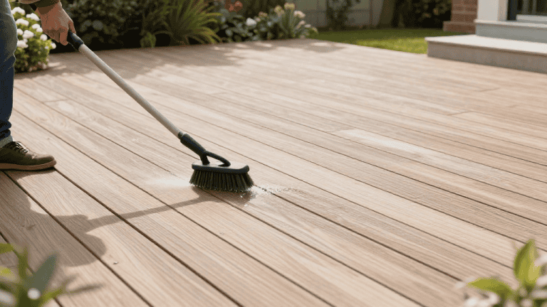 Personne nettoyant une terrasse en bois avec une brosse et un jet d'eau pour éliminer la saleté et redonner de l'éclat au bois extérieur.