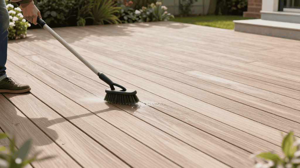 Personne nettoyant une terrasse en bois avec une brosse et un jet d'eau pour éliminer la saleté et redonner de l'éclat au bois extérieur.