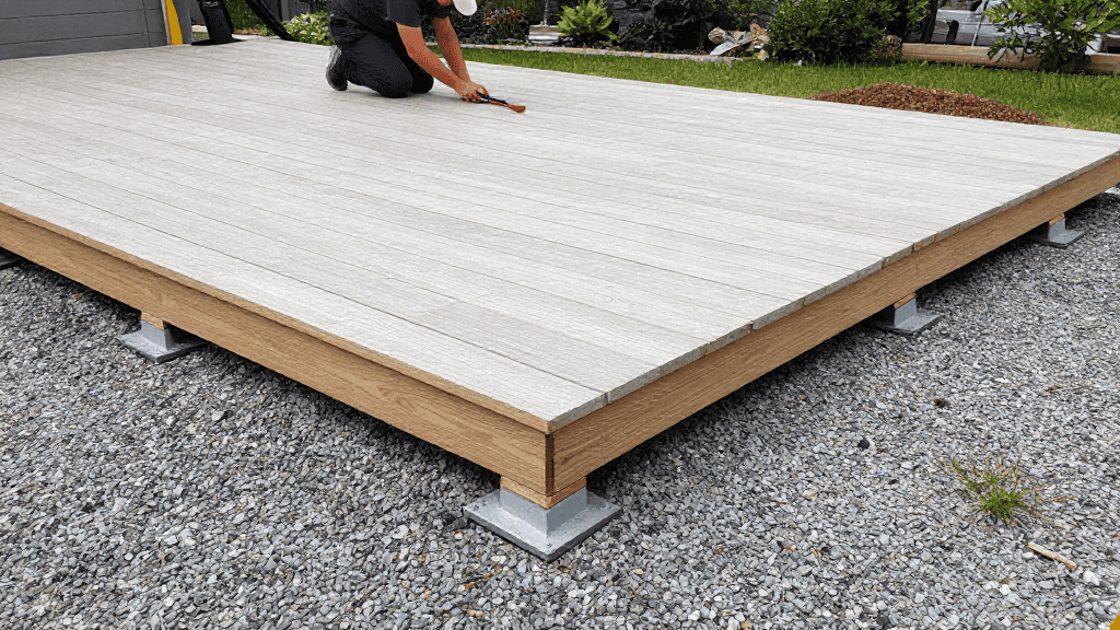 Balcon en bois pour terrasse extérieure, construction en cours.