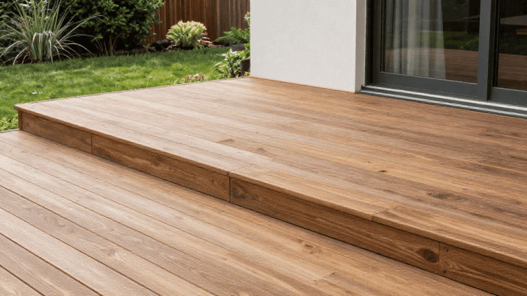 Table en bois naturel pour terrasse extérieure, idéale pour profiter de moments en plein air.
