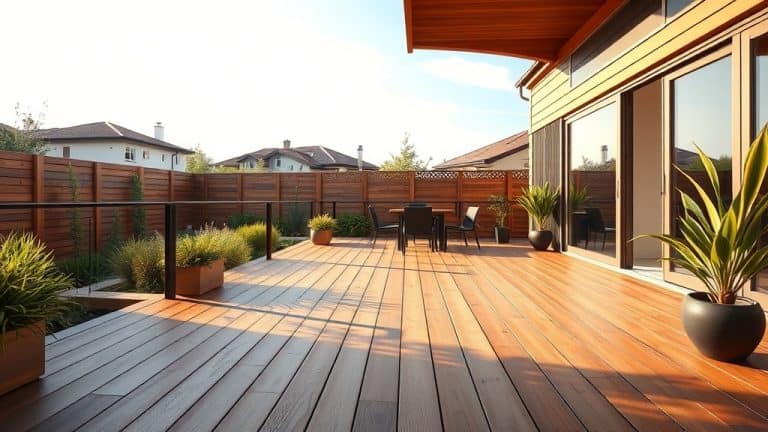 Balcon en bois avec mobilier extérieur et plantes d'ornement.