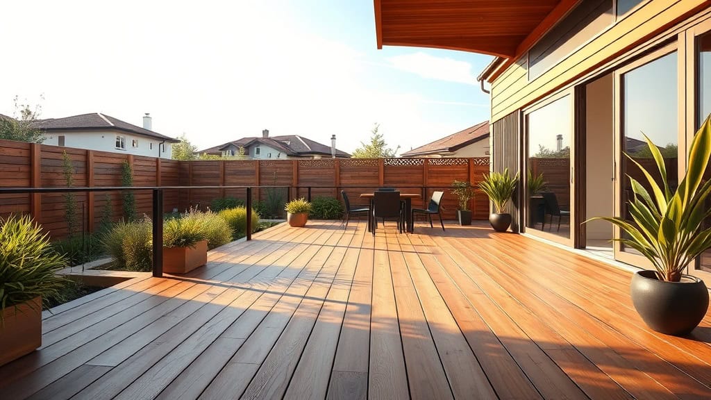 Balcon en bois avec mobilier extérieur et plantes d'ornement.