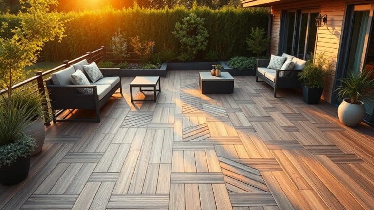Balcon en bois exotique avec mobilier confortable et vue sur le jardin au coucher du soleil.