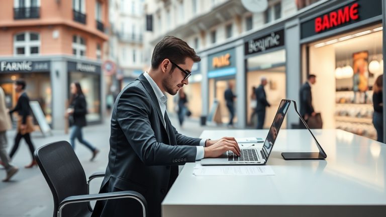 Vendeur professionnel travaillant sur un ordinateur portable dans un environnement urbain animé, avec des passants et des boutiques en arrière-plan, illustrant le commerce en ligne et la digitalisatio.