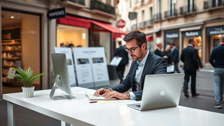 Un homme d'affaires travaille sur un ordinateur portable à une table en plein air dans une rue commerçante animée, entouré de passants et de boutiques, créant une ambiance dynamique et professionnelle.