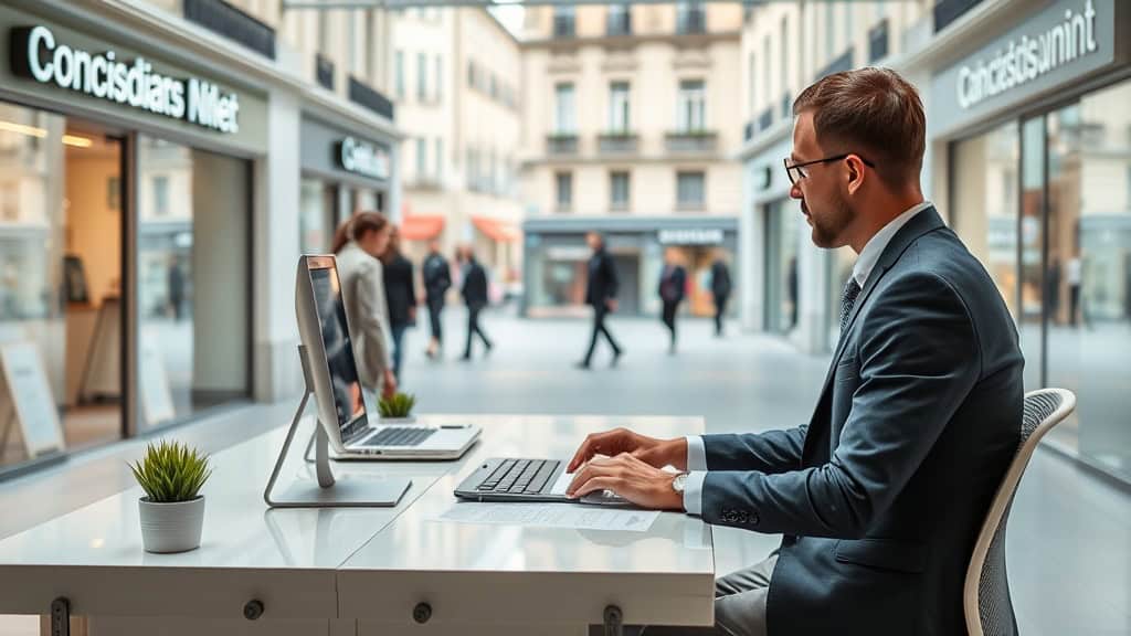 Homme travaillant sur un ordinateur portable dans un espace de coworking en ville.