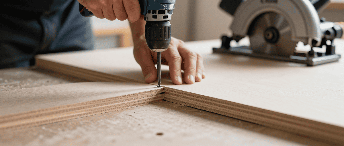 Panneau en bois en cours de fabrication, avec un tournevis et une scie circulaire visibles, illustrant des outils de menuiserie pour la construction ou la rénovation extérieure.